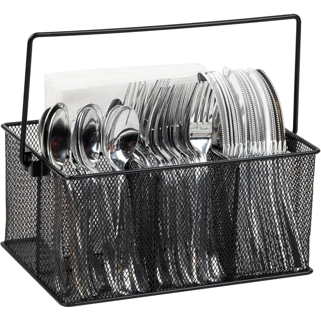 Mind Reader Multi-Purpose Storage Caddy With Handle, Desktop Organizer, Cutlery Holder, 4 Compartments, Metal Mesh, Black