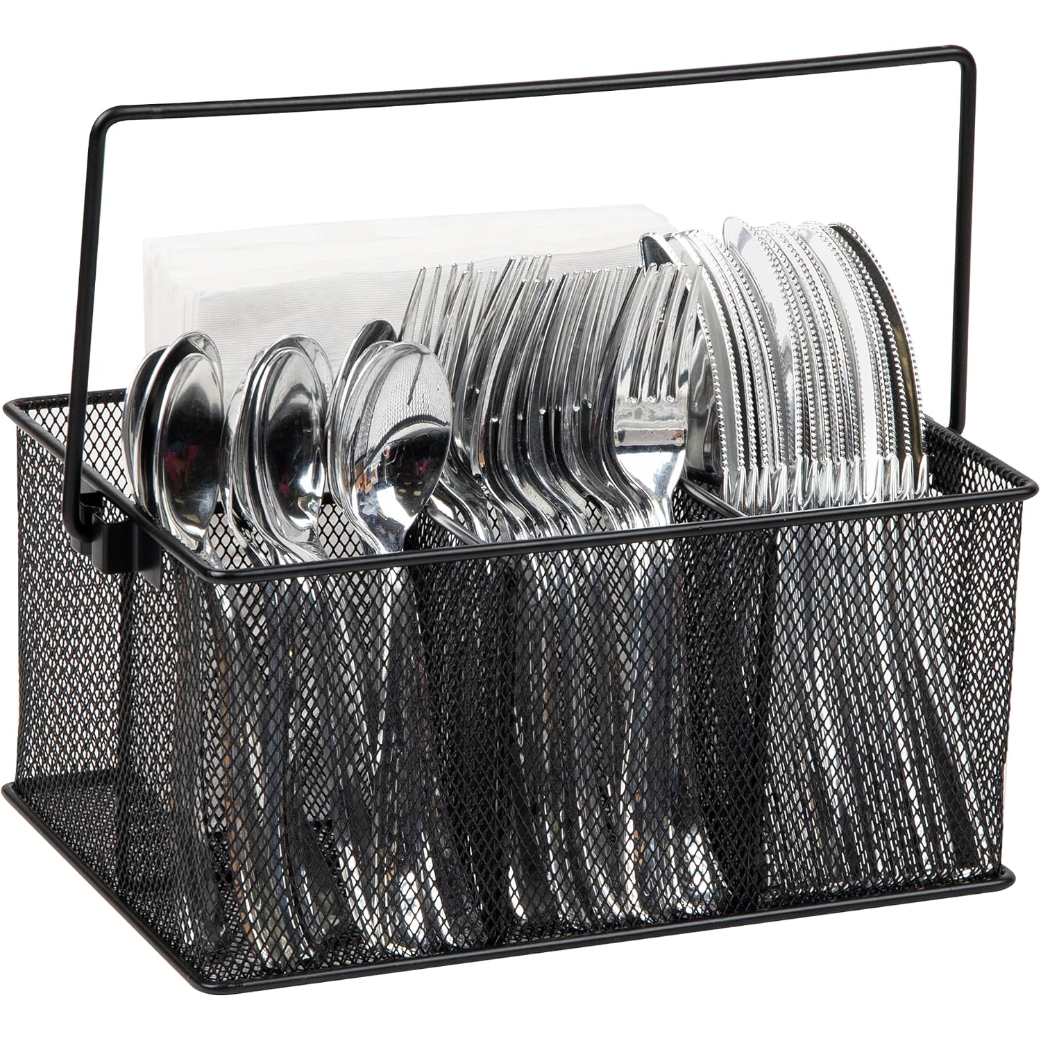 Mind Reader Multi-Purpose Storage Caddy With Handle, Desktop Organizer, Cutlery Holder, 4 Compartments, Metal Mesh, Black