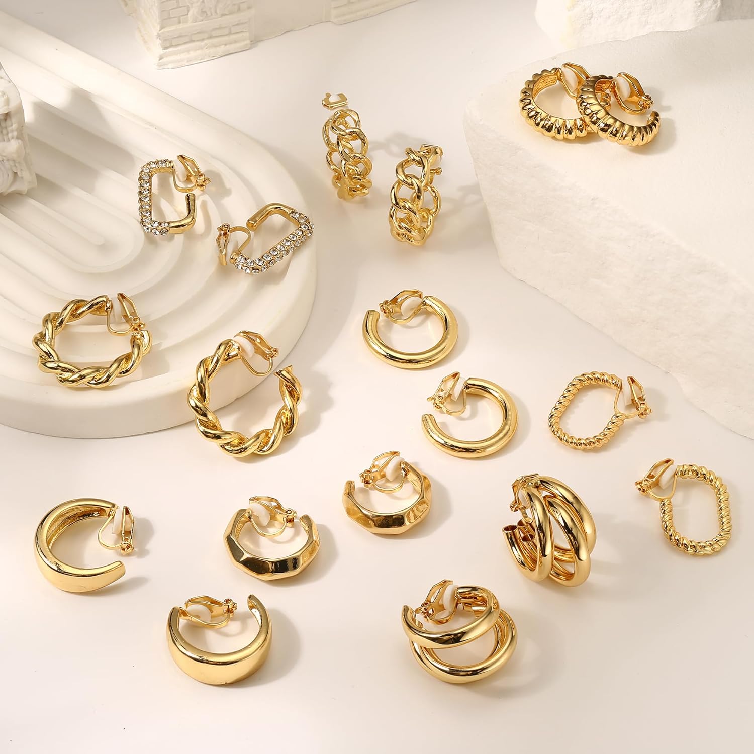 THUNARAZ 9 Pairs Clip on Earrings for Women 14K Gold Plated Chunky Hoop Clips Earring Trendy Clip on Hoop Earrings for Women Non-Pierced Fake Jewelry