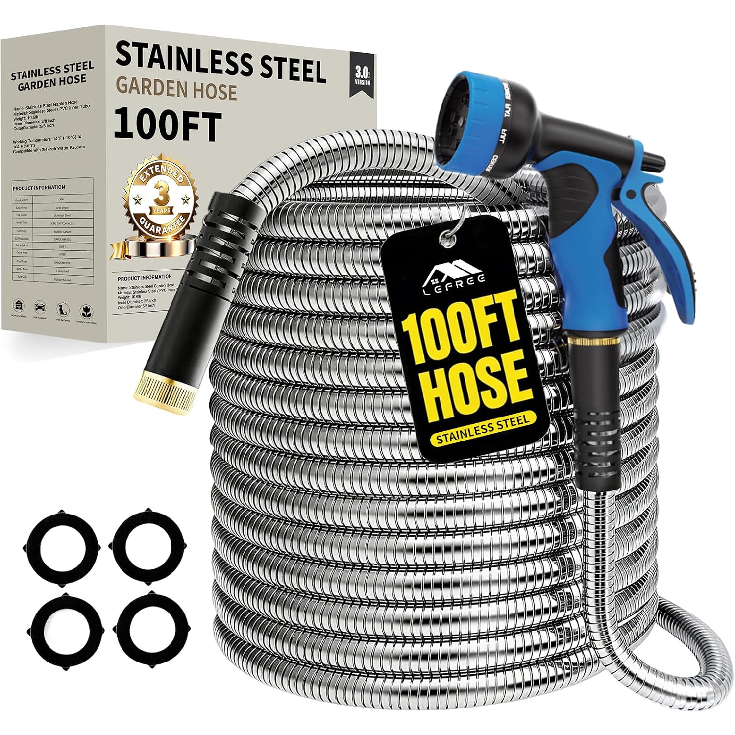 100Ft Metal Garden Hose - Heavy Duty 304 Stainless Steel Flexible Water Hose, No Kinks & Leak-Proof With Upgraded Handle, 10-Function Spray Nozzle & 4 Spare Gaskets For Yard, Rv, Pet Bath