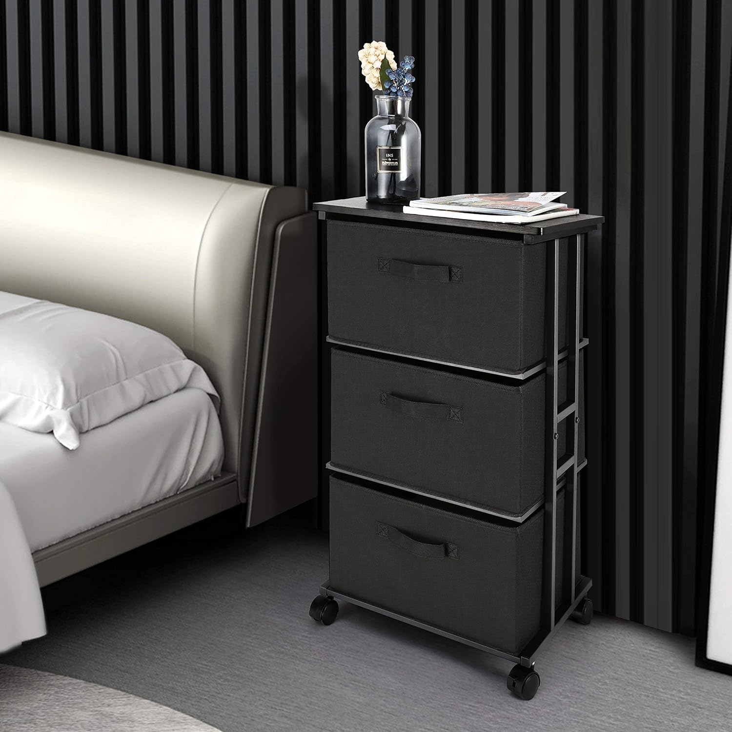 Dresser Storage With 3 Drawers, Fabric Dresser Tower, Vertical Storage Unit For Bedroom, Closet, Office, Black