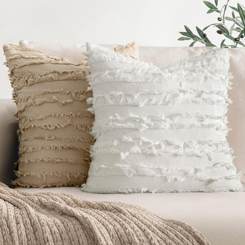 Miulee Set Of 2 Decorative Boho Throw Pillow Covers Linen Striped Jacquard Pattern Spring Cushion Covers For Sofa Couch Living Room Bedroom 18X18 Inch White