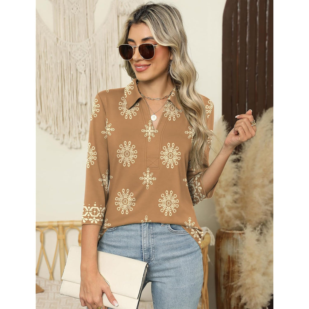 Women's 3/4 Length Sleeve V-Neck Collared Tops Summer Business Casual Work Polo Shirts 2025
