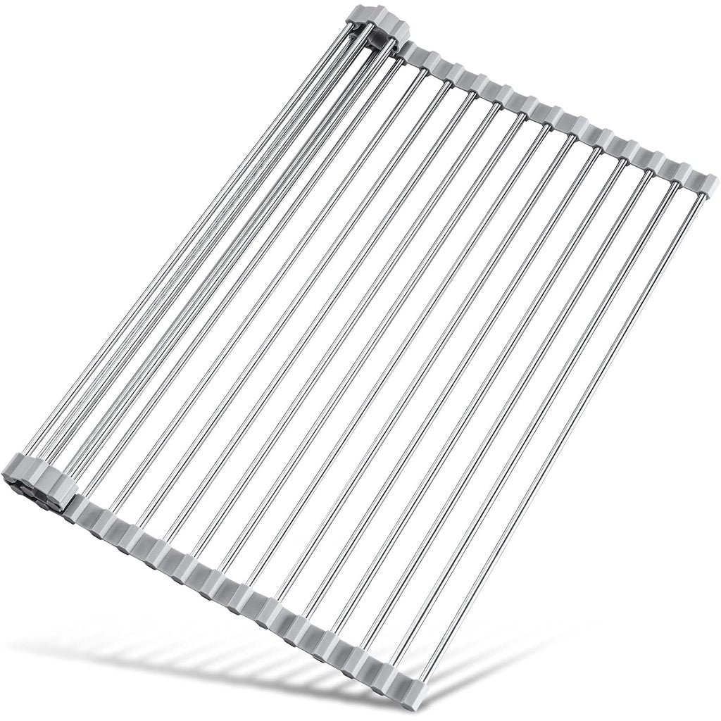 Tomorotec Roll Up Dish Drying Rack Over Sink, 17.7X15.5In, 304 Stainless Steel With Bpa-Free Silicone Edges, Heat-Resistant Trivet For Hot Pans, Holds Up To 70 Lbs, Rolls Up For Compact Storage