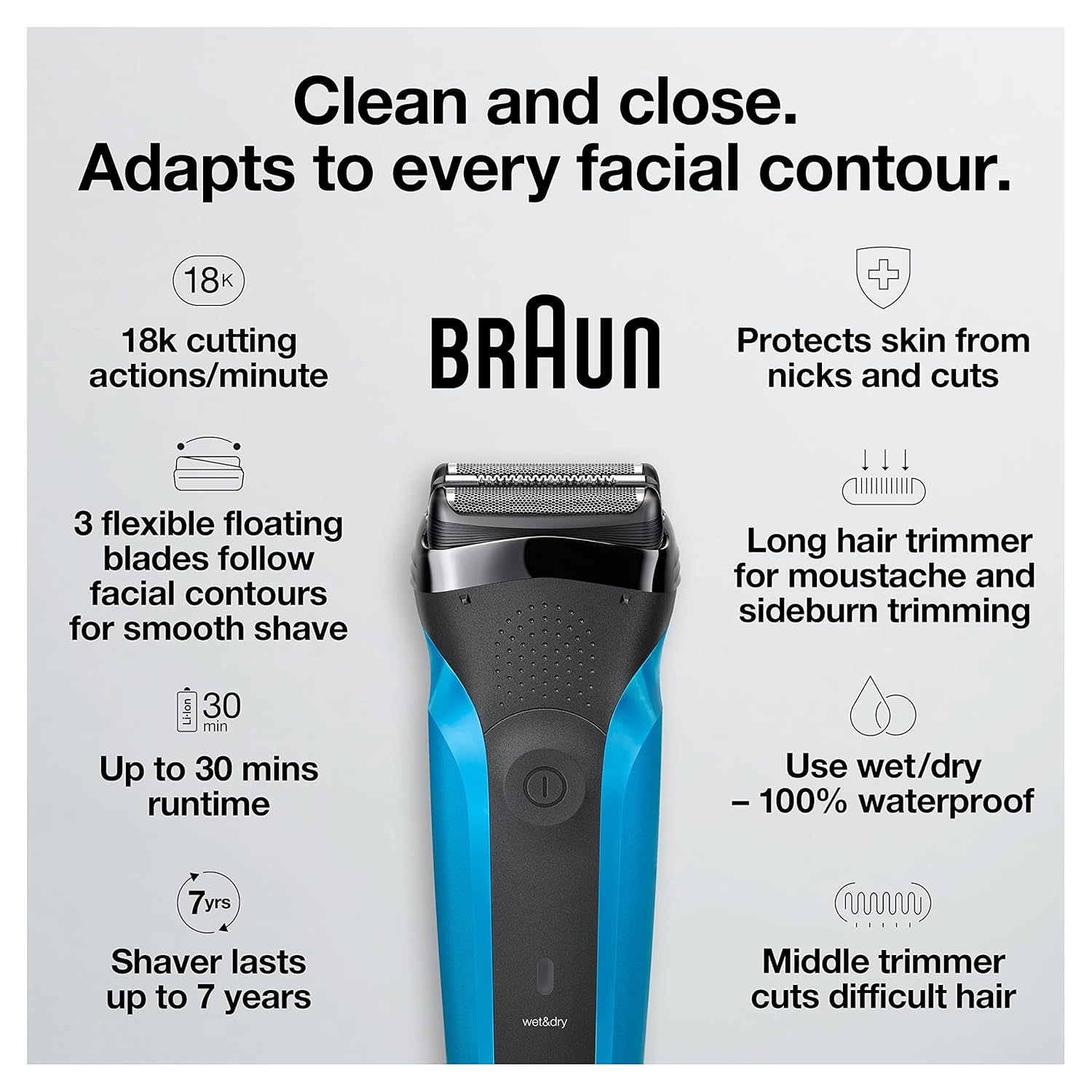 Series 3 3010s Wet & Dry Electric Shaver for Men/Rechargeable Electric Razor, Blue