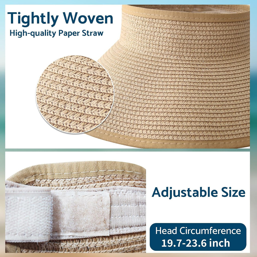 Npjy Sun Hats For Women Wide Brim Roll-Up Beach Ponytail Hat Packable Foldable Travel Straw Visor