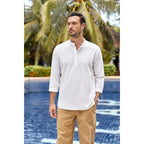 Mens Linen Henley Shirts Long Sleeve Hippie Yoga Summer Beach Casual Henleys T-Shirt
