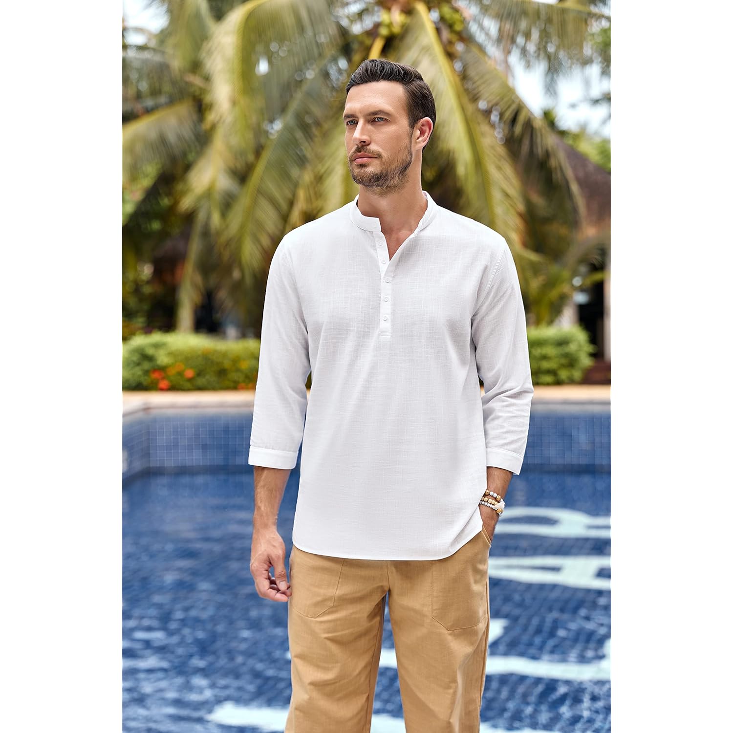 Mens Linen Henley Shirts Long Sleeve Hippie Yoga Summer Beach Casual Henleys T-Shirt