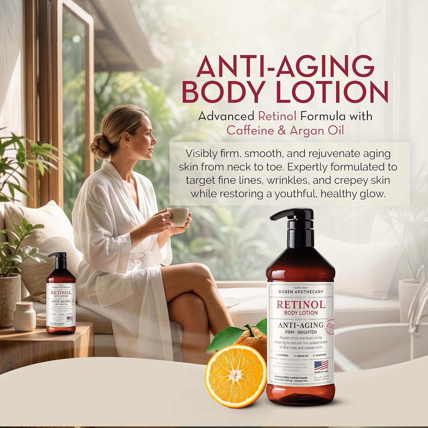 Rosen Apothecary Anti-Aging Retinol Body Lotion For Crepey Skin, Caffeine Firms & Tightens Aging Skin, Boosts Collagen, Restores Youthful Glow, 480Ml