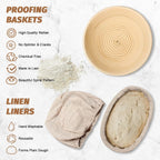 Sourdough Proofing Basket Gift Set, 9" Round And 10" Oval Banneton Bread Baking Supplies, Sourdough Baskets With Bread Lame, Danish Whish, Bowl Scraper, Sourdough Scraper, And Linen Liner
