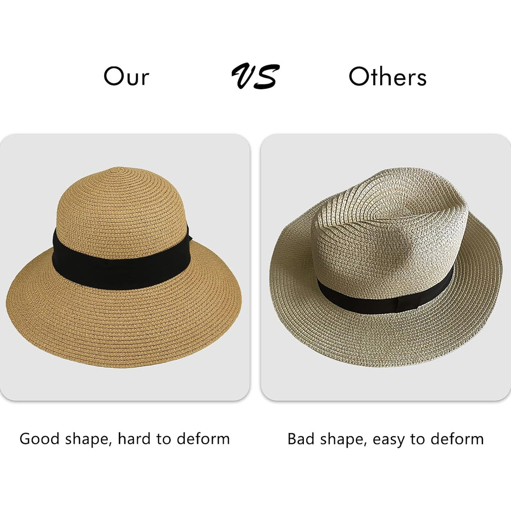 Womens Straw Sun Hat Wide Brim Foldable Panama Roll up Cap Fedora Beach Sun Hat UPF50+ Coffee