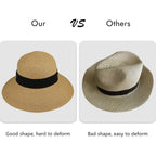 Womens Straw Sun Hat Wide Brim Foldable Panama Roll up Cap Fedora Beach Sun Hat UPF50+ Coffee