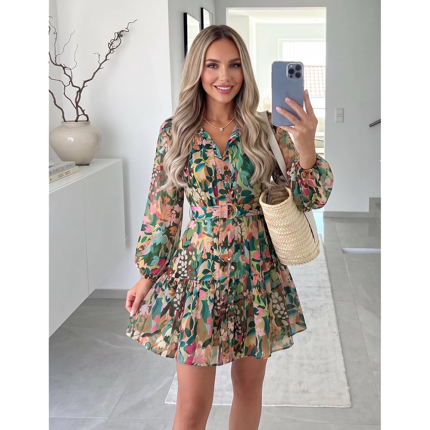 Zesica Womens Spring Summer Floral Mini Dress Long Sleeve Button Chiffon A Line Swing Short Wedding Guest Party Dresses