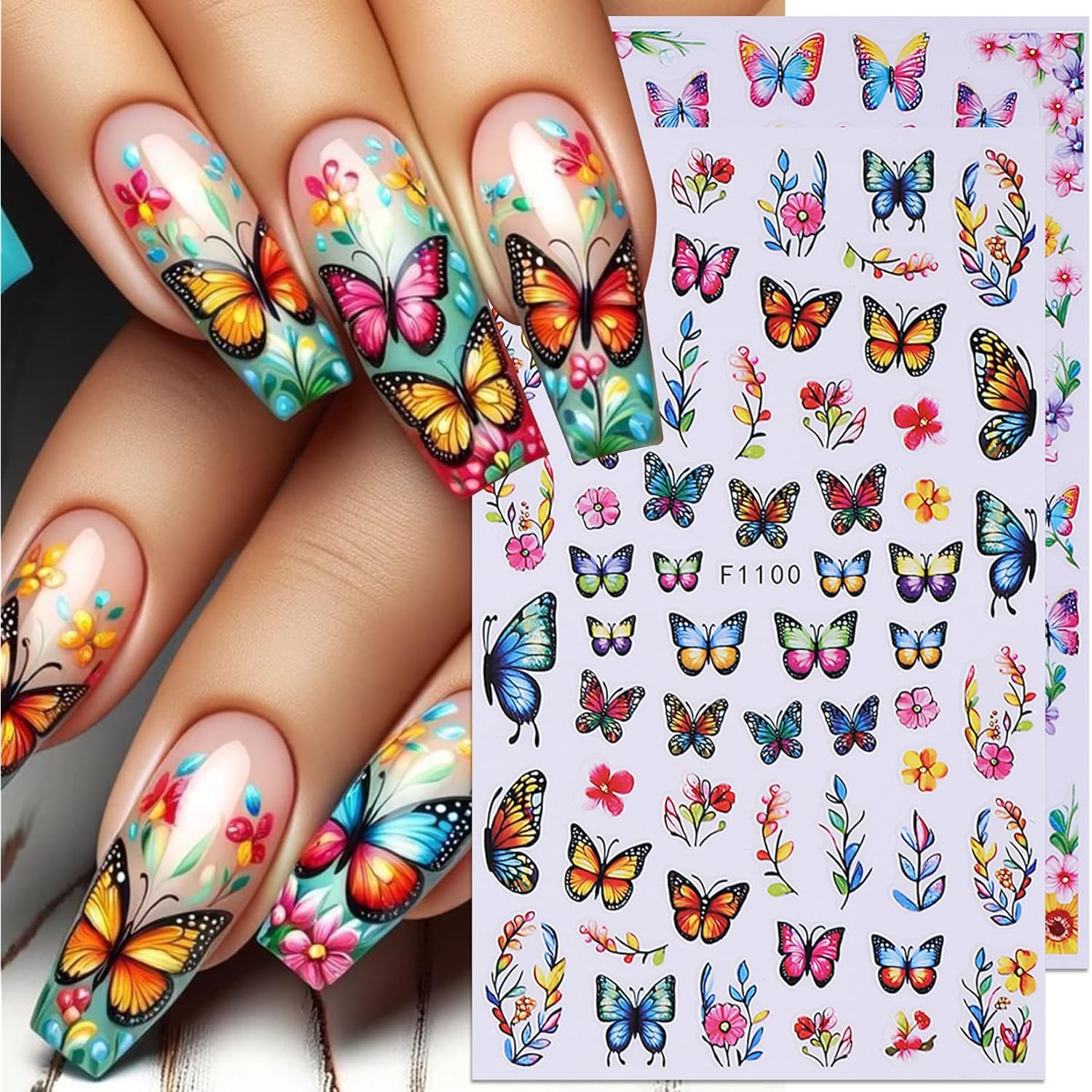 Butterfly Nail Art Sticker Decals 14 PCS Spring Flower Nail Decals with Tweezers 3D Self Adhesive Stickers Colorful Butterflies Designs Nail Art Decoration Manicure Supplies for Women
