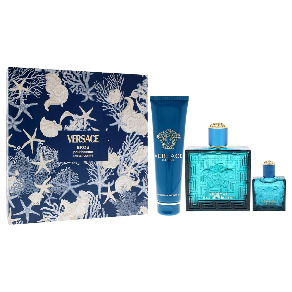 Versace Eros by Versace for Men - 3 Pc Gift Set 3.4oz EDT Spray, 0.17oz EDT Spray Vial (Mini), 5oz Shower Gel