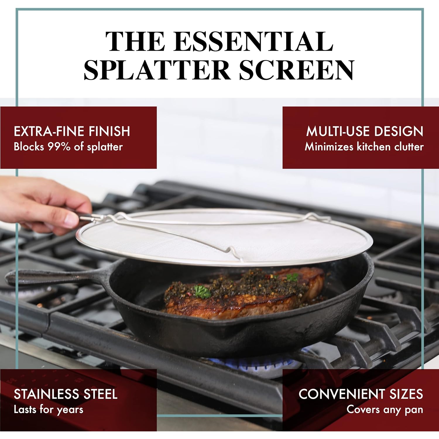 Splatter Screen For Frying Pan - 13 Inch Stainless Steel Grease Splatter Guard - Cover Oil Splash When Sizzling Bacon, Cooking Fried Chicken Or Popcorn