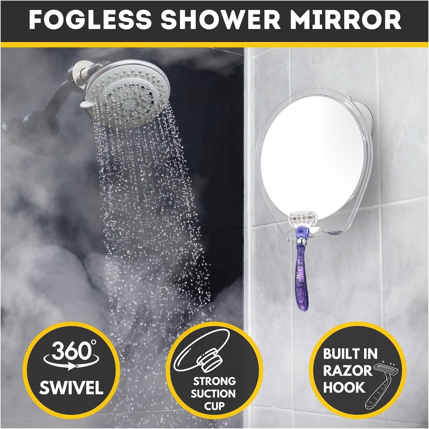 Honeybull Fogless Shower Mirror For Shaving With Suction Mount, White | Shatterproof Acrylic Bathroom Accessory With 360 Swivel & Built-In Razor Hook, Clear Reflection In Steam & No-Drill Setup