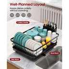 Sakugi Stainless Steel Dish Drying Rack for Kitchen Counter, Sink Organization and Storage Essentials with Silverware & Utensil Holder, Home and Apartment Decor, 12''W x 15.5''L, Black