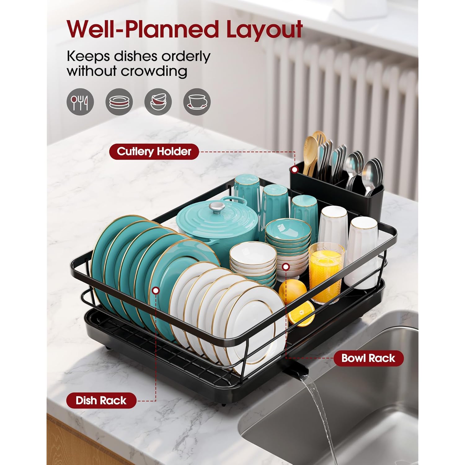 Sakugi Stainless Steel Dish Drying Rack for Kitchen Counter, Sink Organization and Storage Essentials with Silverware & Utensil Holder, Home and Apartment Decor, 12''W x 15.5''L, Black