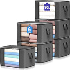 90L Large Storage Bags, 6 Pack Clothes Storage Bins Closet Organizers | Foldable Storage Containers, With Reinforced Handle, For Clothing, Blanket, Comforters, Bed Sheets, Pillows And Toys,Gray