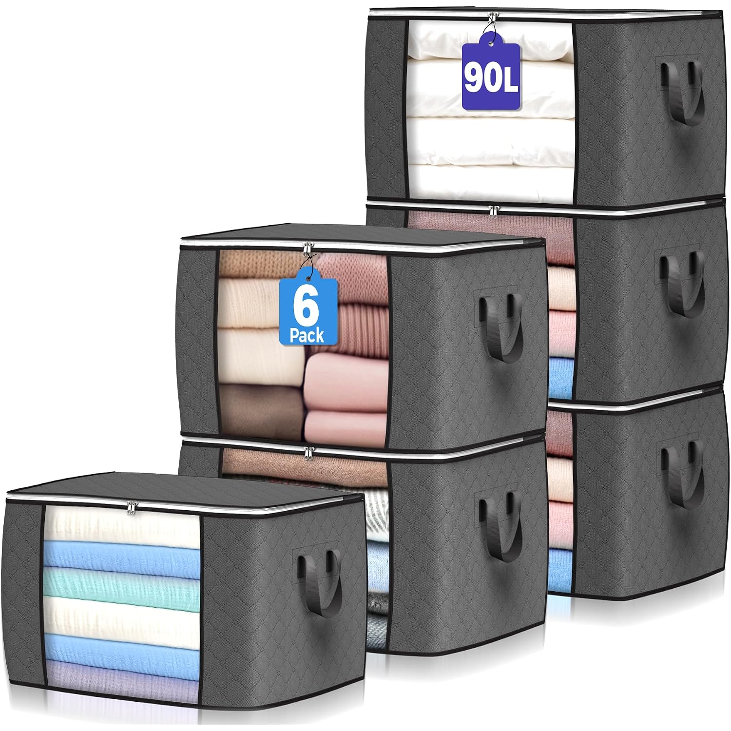90L Large Storage Bags, 6 Pack Clothes Storage Bins Closet Organizers | Foldable Storage Containers, With Reinforced Handle, For Clothing, Blanket, Comforters, Bed Sheets, Pillows And Toys,Gray