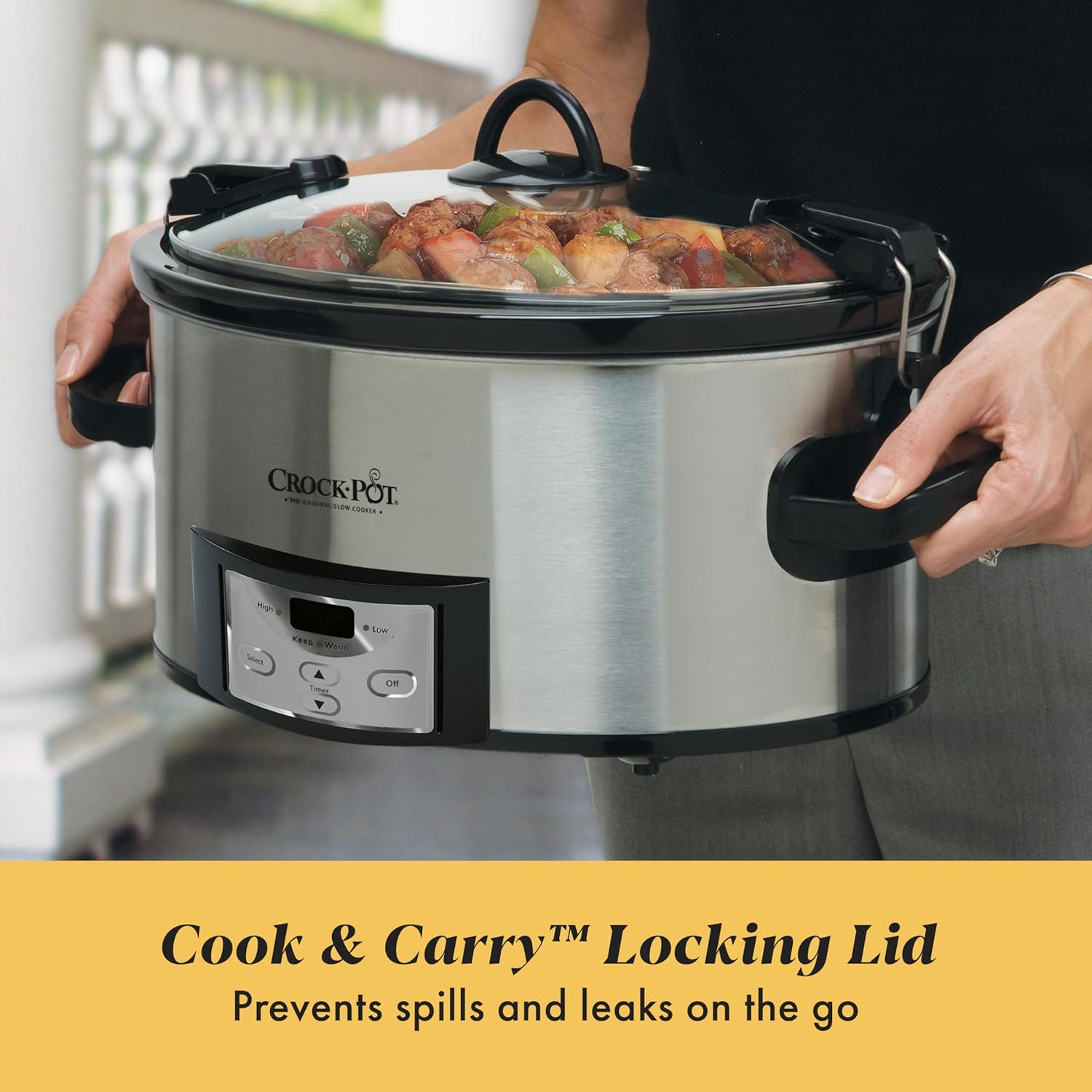 Crock-Pot 6-Quart Cook ‘n Carry Programmable Slow Cooker with Digital Timer, Family-Size Serves 7+ People, Removable Stoneware with Warming Setting, Dishwasher Safe for Easy Cleanup, Stainless Steel