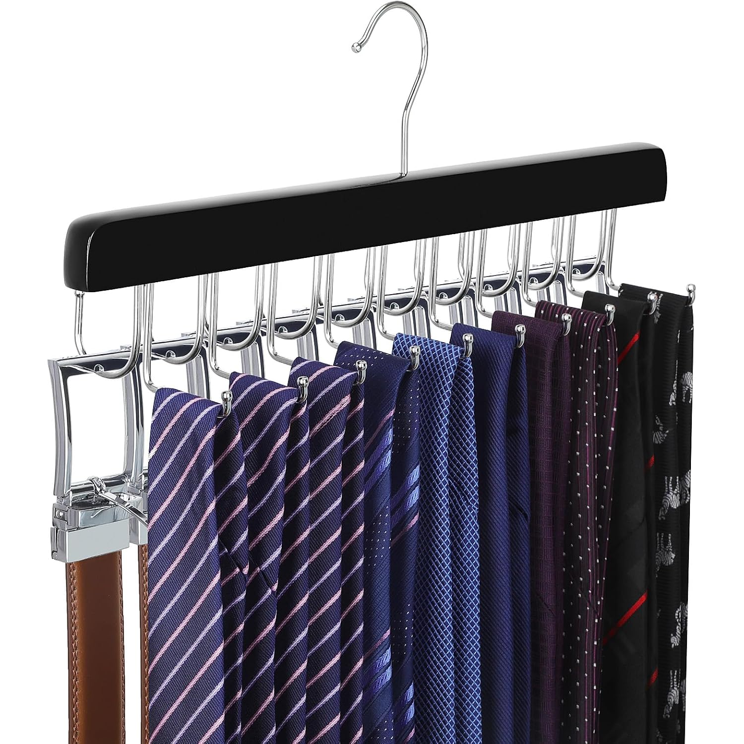Topia Hanger 20 Hooks 2 In 1 Belt Tie Hanger For Closet Max 30 Belts With 30 Ties Capacity, Belt Tie Racks Wooden Hanger For Closet Organizer Storage “U” Fit For Belt And “一” Fit For Tie - Ct47B