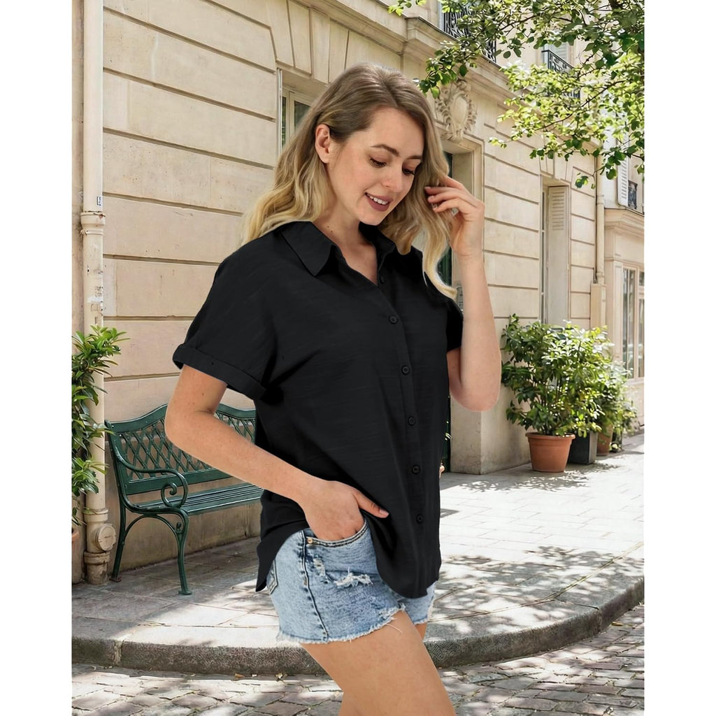 Jekaoyi Womens Button Down Shirts, Cotton Linen Short Sleeve Button Up Shirt Casual Spring Blouses Summer Vacation Tops