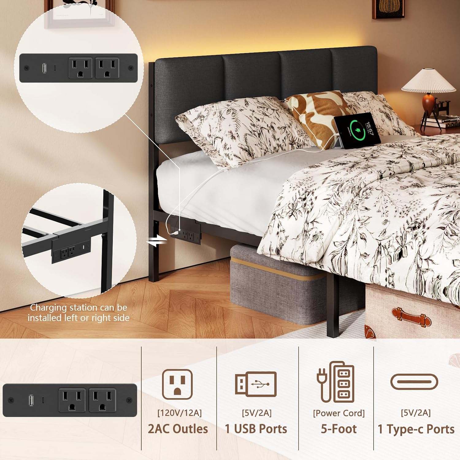 Full Size Bed Frame With Headboard, Upholstered Full Bed Frame With Led Light, Usb Charging Station, Platform Bedframe With 2 Fabric Underbed Storage Drawers, No Spring Box Needed