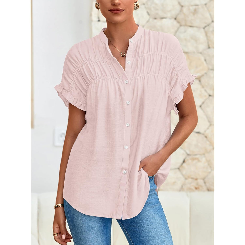Mascomoda Womens 2026 Button Down Shirts Ruffle Short Sleeve Loose Summer Tops Dressy Casual V Neck Business Work Blouses