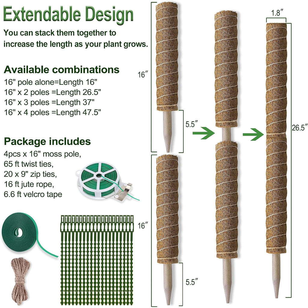Fabulas Moss Pole 47.5 Inch - Monstera Plant Support, 4 Packs 16 Inch Plant Stakes For Indoor Plants Coco Coir Moss Pole Sticks For Climbing Potted Live Plants, Pothos, Philodendron, With Garden Ties