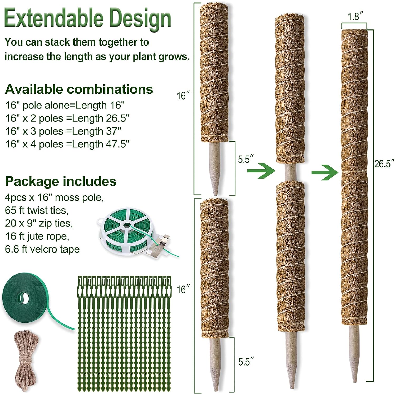 Fabulas Moss Pole 47.5 Inch - Monstera Plant Support, 4 Packs 16 Inch Plant Stakes For Indoor Plants Coco Coir Moss Pole Sticks For Climbing Potted Live Plants, Pothos, Philodendron, With Garden Ties