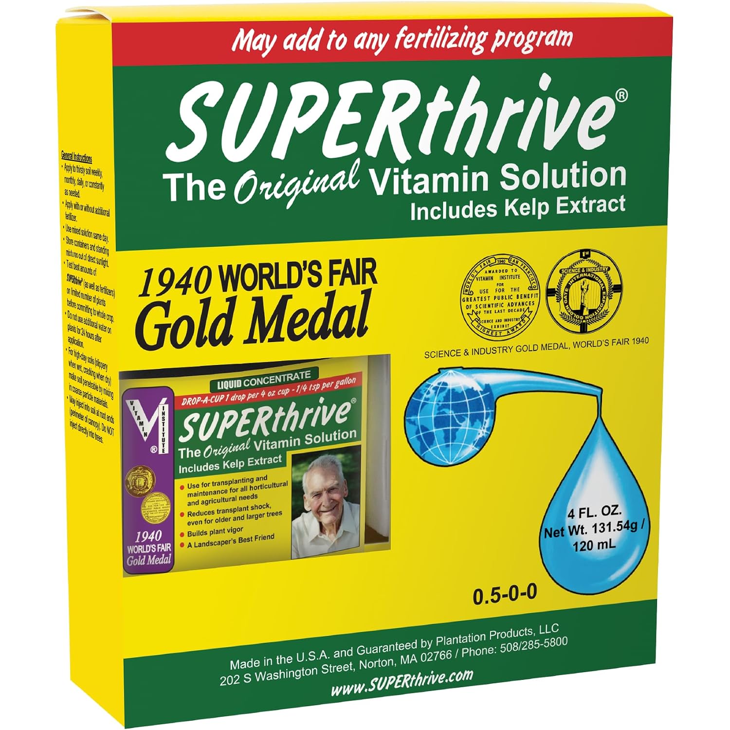 Superthrive Vitamin Solution With Kelp, Liquid Concentrate, 4 Fl Oz | 0.5-0-0 Formula With Kelp Extract. For Indoor/Outdoor Plants, Houseplants, Trees. Reduces Shock, Even For Large Trees.