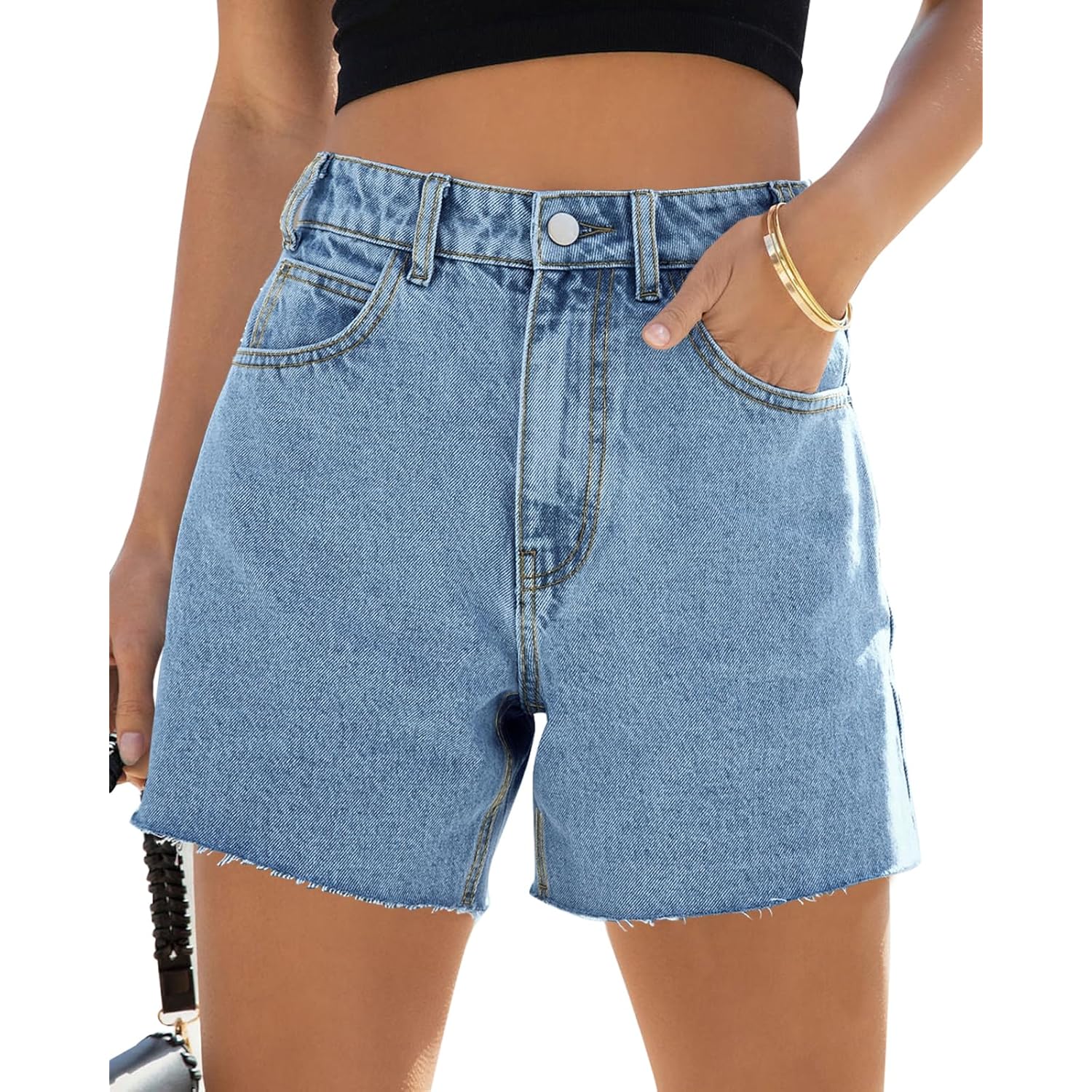 Womens Baggy Jean Shorts High Waisted Straight Leg Stretchy Raw Hem Mom Denim Shorts