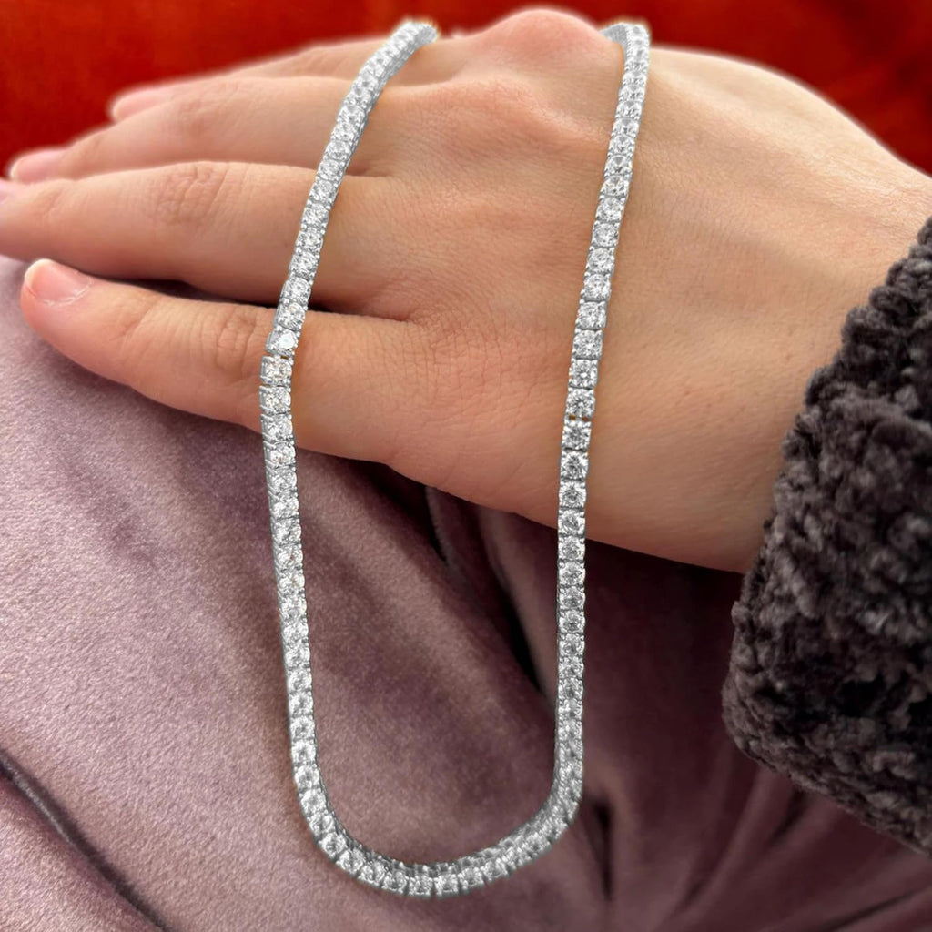 DEWBERRY 8 to 19 CTTW Round VS/FG IGI Certified Lab Grown Diamond Riviera Tennis Necklace Length 16",18", 20" & 22 inch 925 Silver 14K Gold Plated 4 Prong Set Uniform Straight Line Tennis Necklace