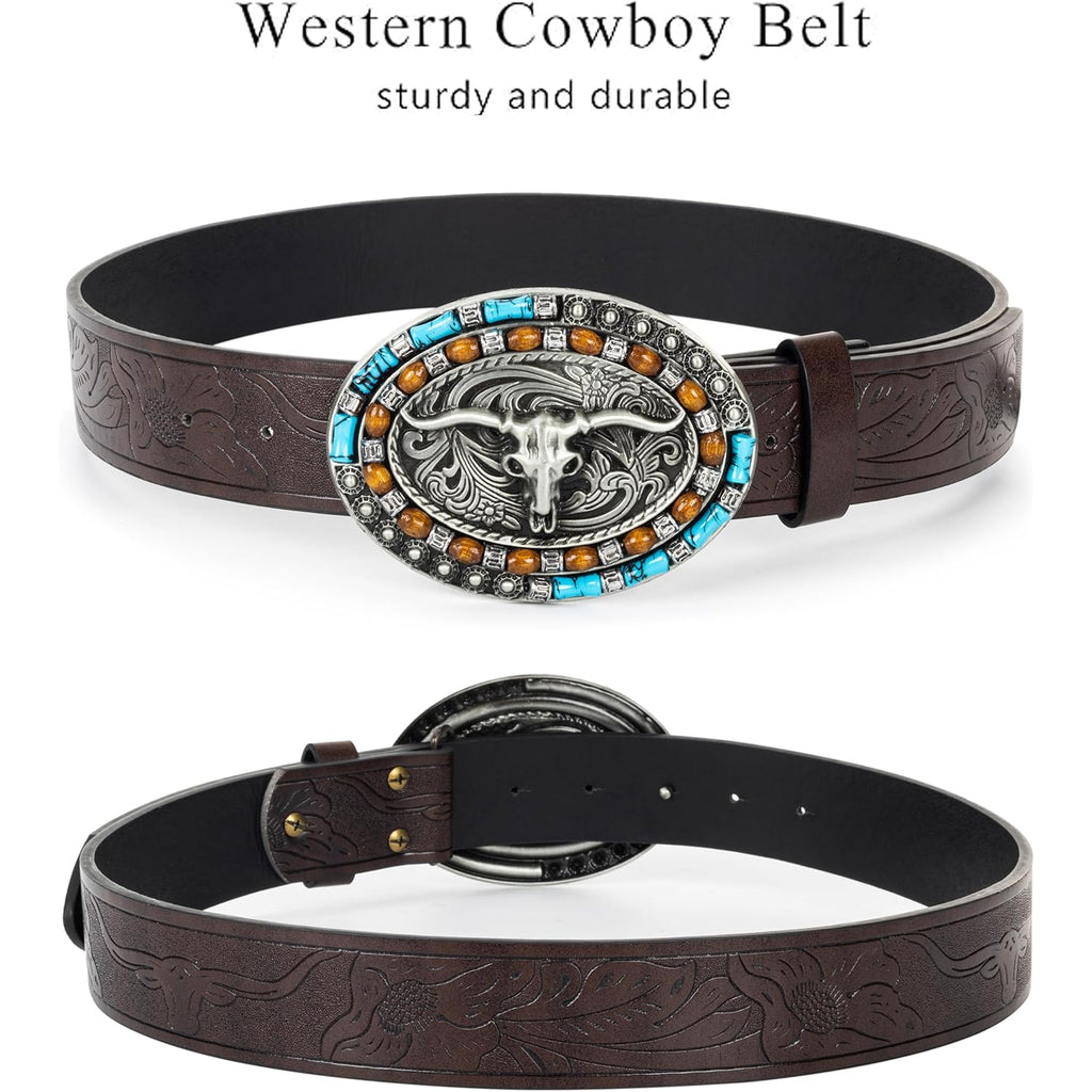 Western-Cowboy-Leather-Belts for Women Turquoise-Oval-Buckle Embossed Cowgirl Belt for Jeans Pants Fit for 27"-41"