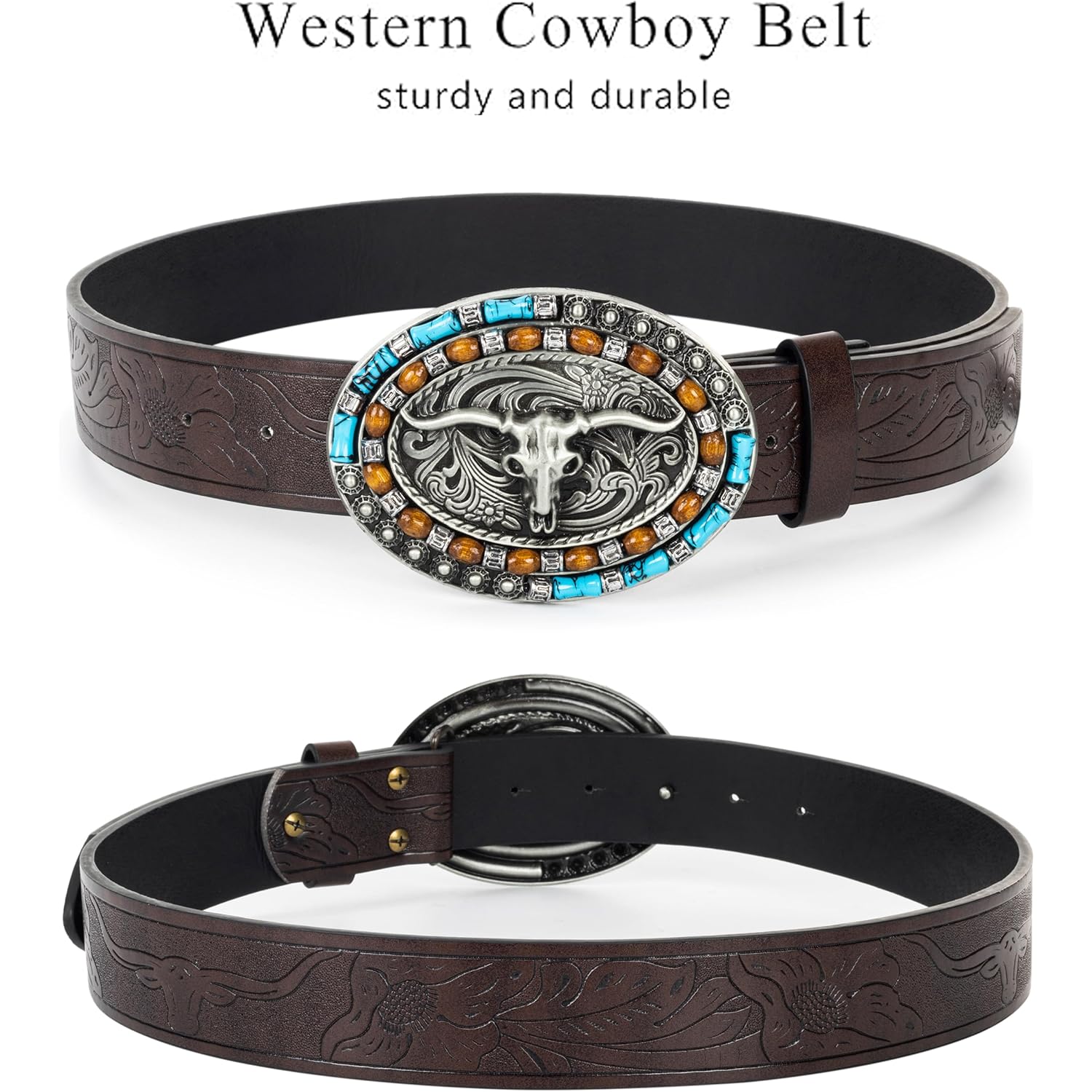 Western-Cowboy-Leather-Belts for Women Turquoise-Oval-Buckle Embossed Cowgirl Belt for Jeans Pants Fit for 27"-41"
