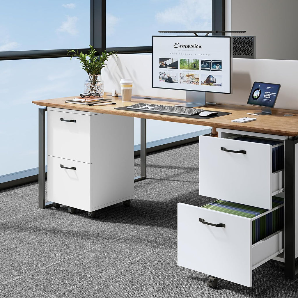 Dumos 2 Drawer Filing Cabinet, Rolling Under Desk Storage, White | Not For Hanging File Folders, Printer Stand, Lockable Wheels, Mobile Wood Home Office Organizer