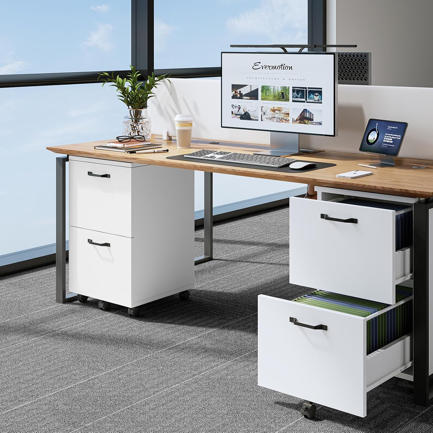 Dumos 2 Drawer Filing Cabinet, Rolling Under Desk Storage, White | Not For Hanging File Folders, Printer Stand, Lockable Wheels, Mobile Wood Home Office Organizer