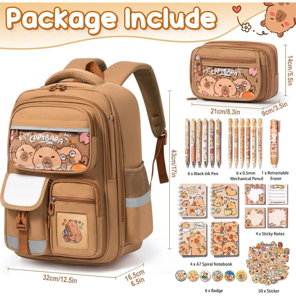 Fimibuke Capybara Backpack For School Girls, 30Pcs Capybara School Supplies | Stationery Set With Bookbag Pencil Case Pins Gel Pens Pencils Notebooks For Back To School Kindergarten Elementary Student