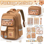 Fimibuke Capybara Backpack For School Girls, 30Pcs Capybara School Supplies | Stationery Set With Bookbag Pencil Case Pins Gel Pens Pencils Notebooks For Back To School Kindergarten Elementary Student