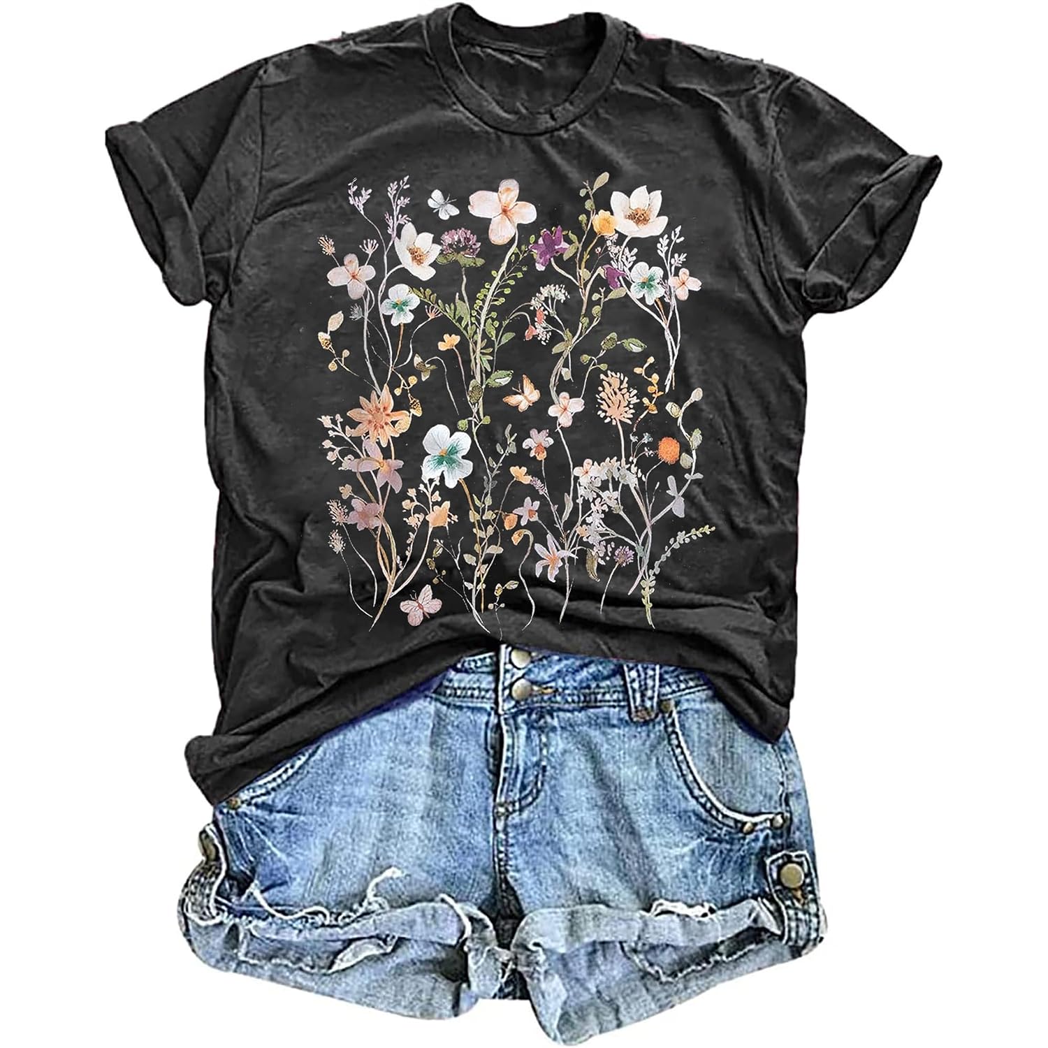 Women's Vintage Floral T Shirt Boho Wildflower Graphic Loose Tees Short Sleeve Casual Tops A1-dark Grey1