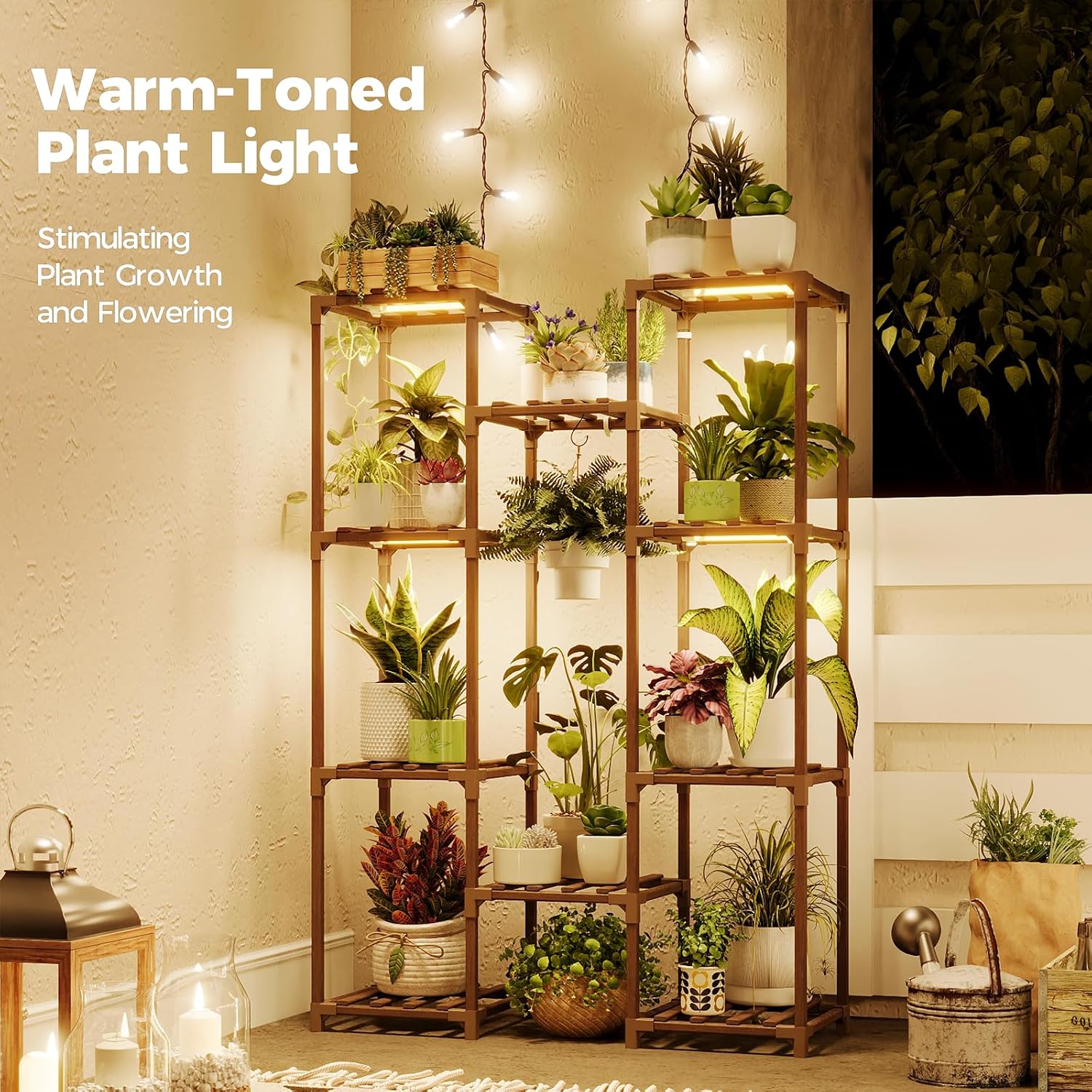 Bamworld Plant Stand With Grow Light Plant Shelf For Mutiple Pots Large Plant Holder For Living Room Patio Boho Home Decor For Gardening Warm Light