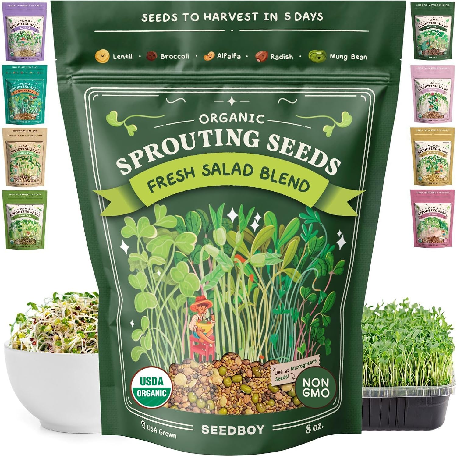 Organic Non-Gmo Sprouting Seeds, Fresh Salad Blend - Usa Grown Microgreens Mix With Alfalfa, Broccoli, Radish, Mung Bean & Lentil - 8 Oz Bag Makes 8 Quarts / 32 Servings (Salad Blend)