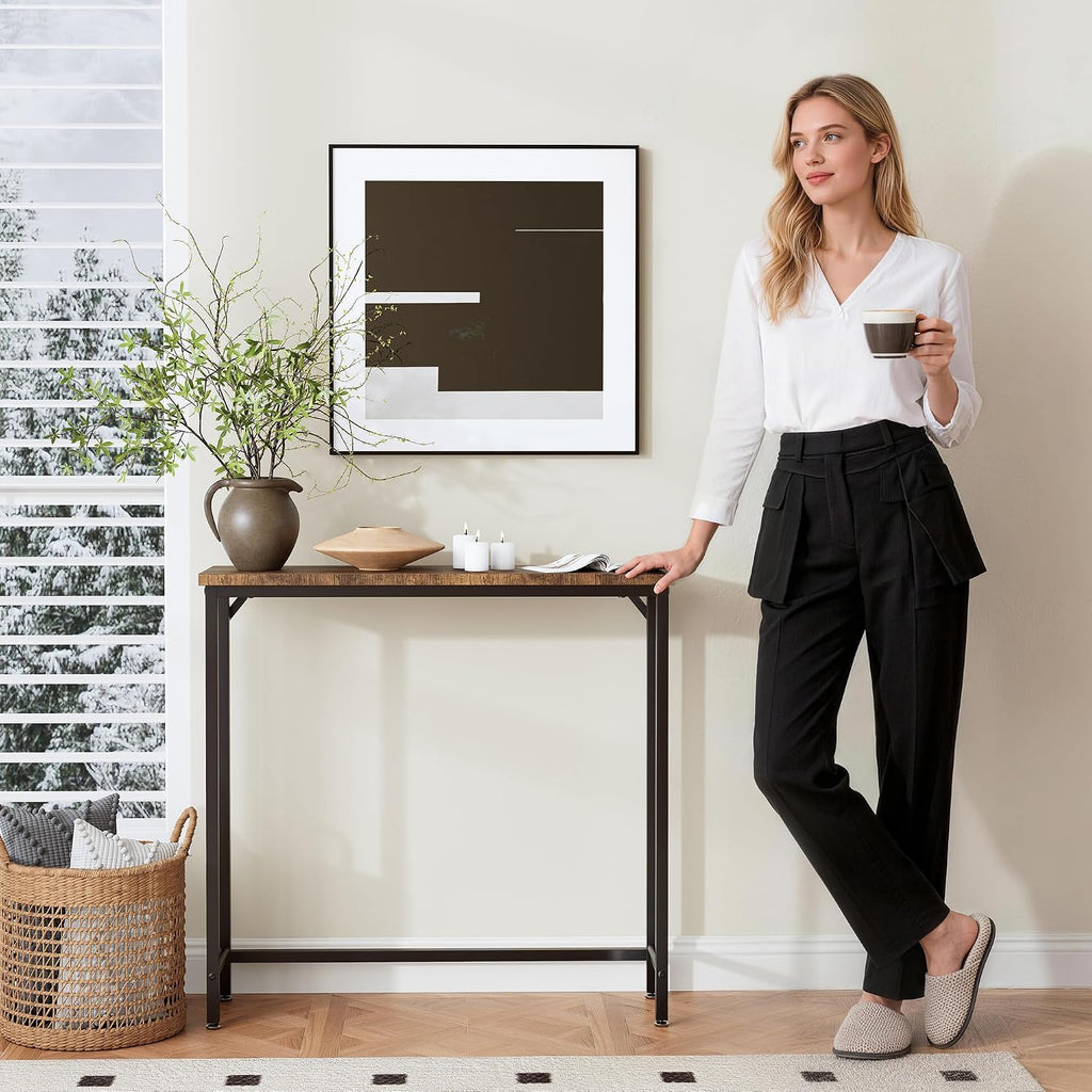 Narrow Entryway Console Table & Sofa Side Table - Industrial Hallway Table For Small Spaces, Behind Couch Table, Multi-Functional Living Room Bedroom Office,Brown, 29.5" X 9.4" X 29.5"