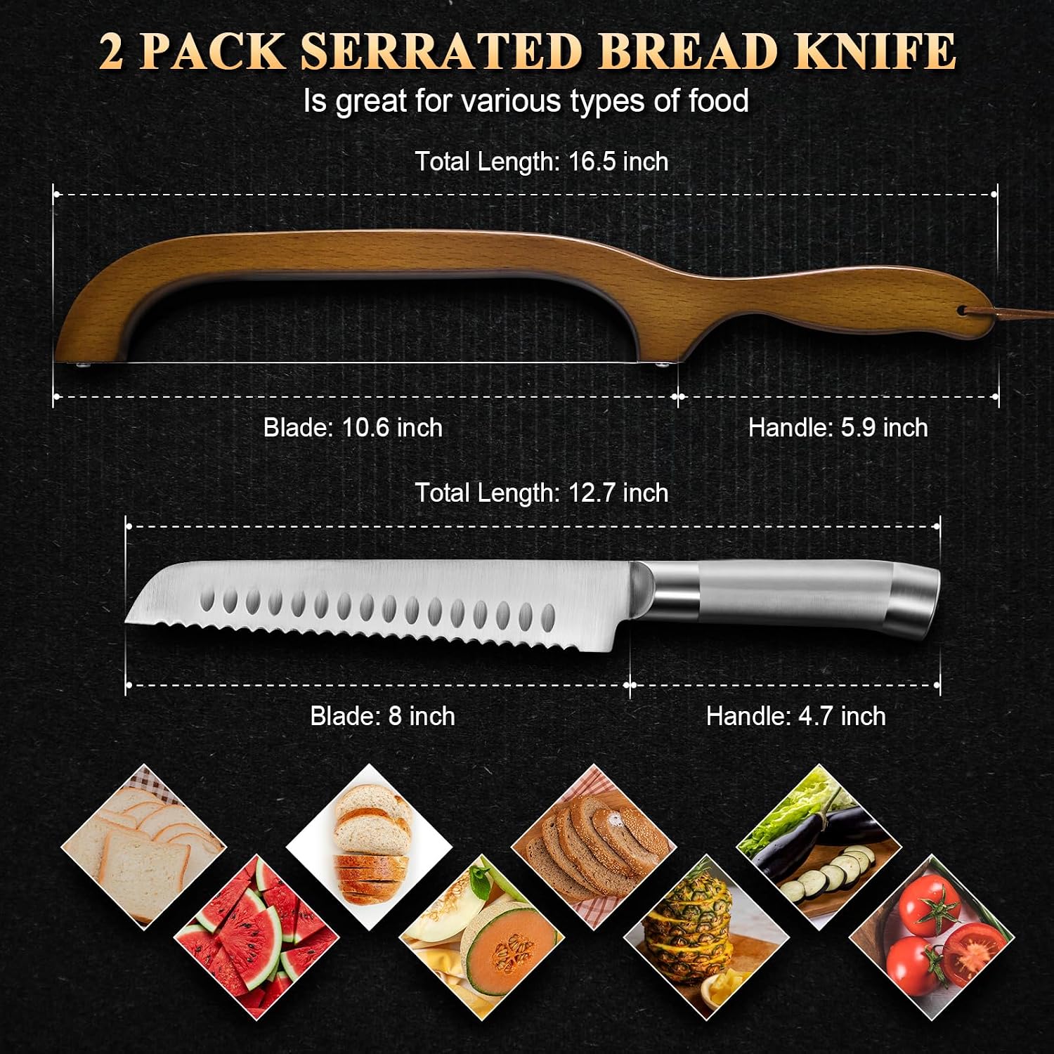 2 Pack Sourdough Bread Knife For Homemade Bread, Serrated Bread Cutter Ergo-Safe Engineering Anti-Stick Bread Bow Knife For Sourdough, Baguettes, Cakes
