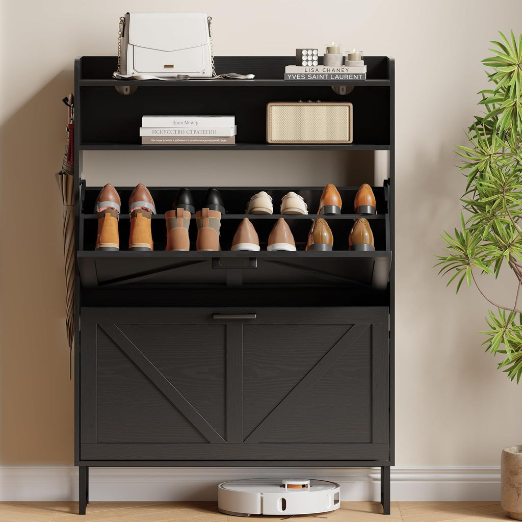 Shoe Cabinet With 2 Flip Drawers, Freestanding Hidden Shoe Storage Organizer For Entryway, Narrow Slim Shoe Rack Cabinet With Open Storage & Hooks For Front Door Entrance, Living Room, Hallway, Black