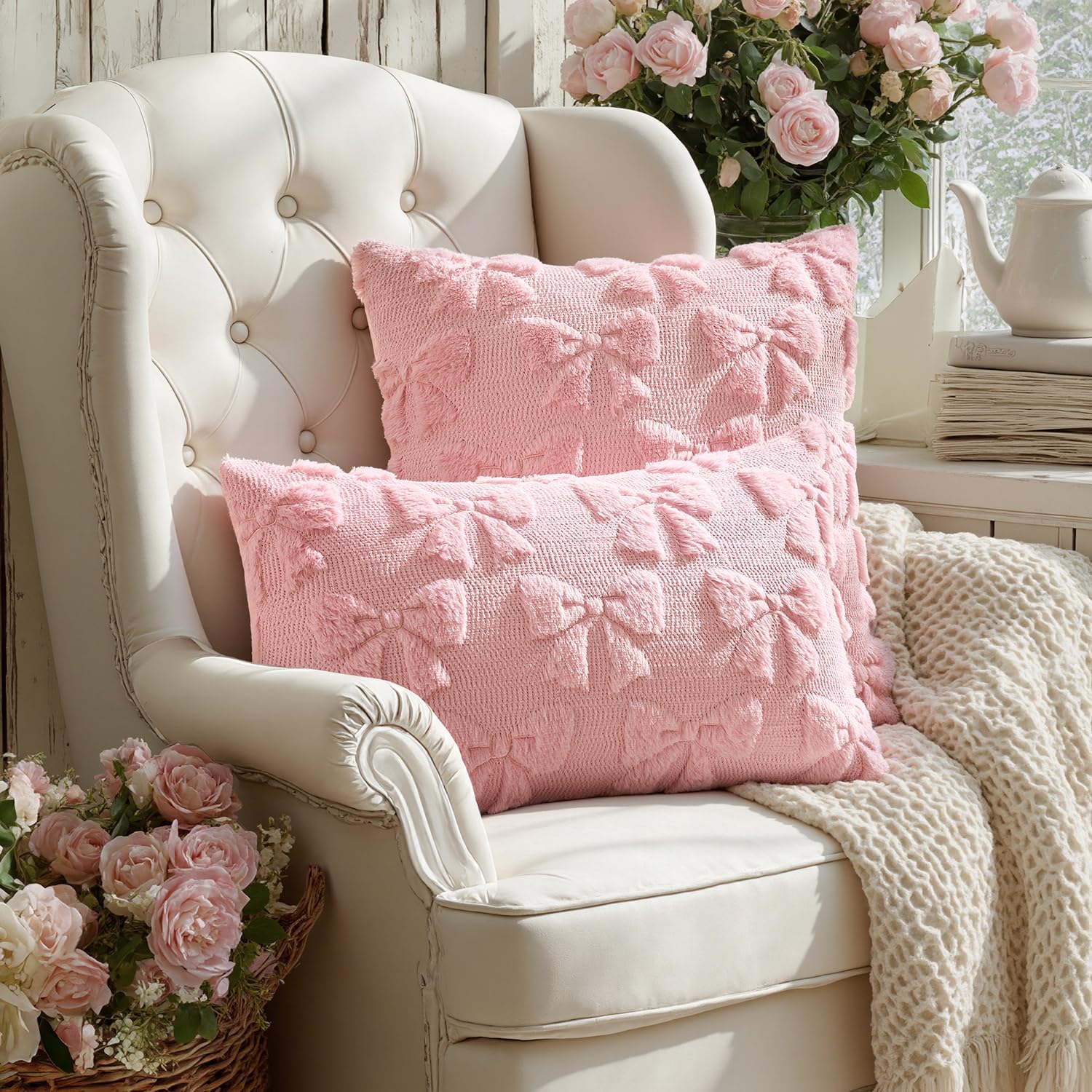 Miulee Pink Bow Pillow Covers Coquette Room Decor Aesthetic Set Of 2 Spring Decorative Cute Girl Soft Plush Faux Pillowcase For Preppy Room Decor Bedroom Couch,18X18 Inch