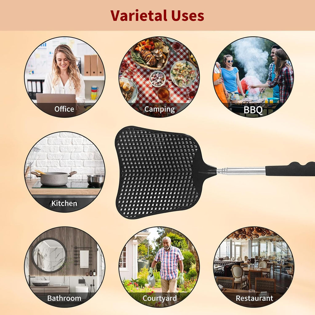 Fly Swatters 2 Pack, Durable Telescopic Stainless Steel Handle, Heavy Duty Black Bug Zapper Racket, Upgraded Plastic Fly Swatter Set For Indoor Outdoor Home Hiking Camping Garden