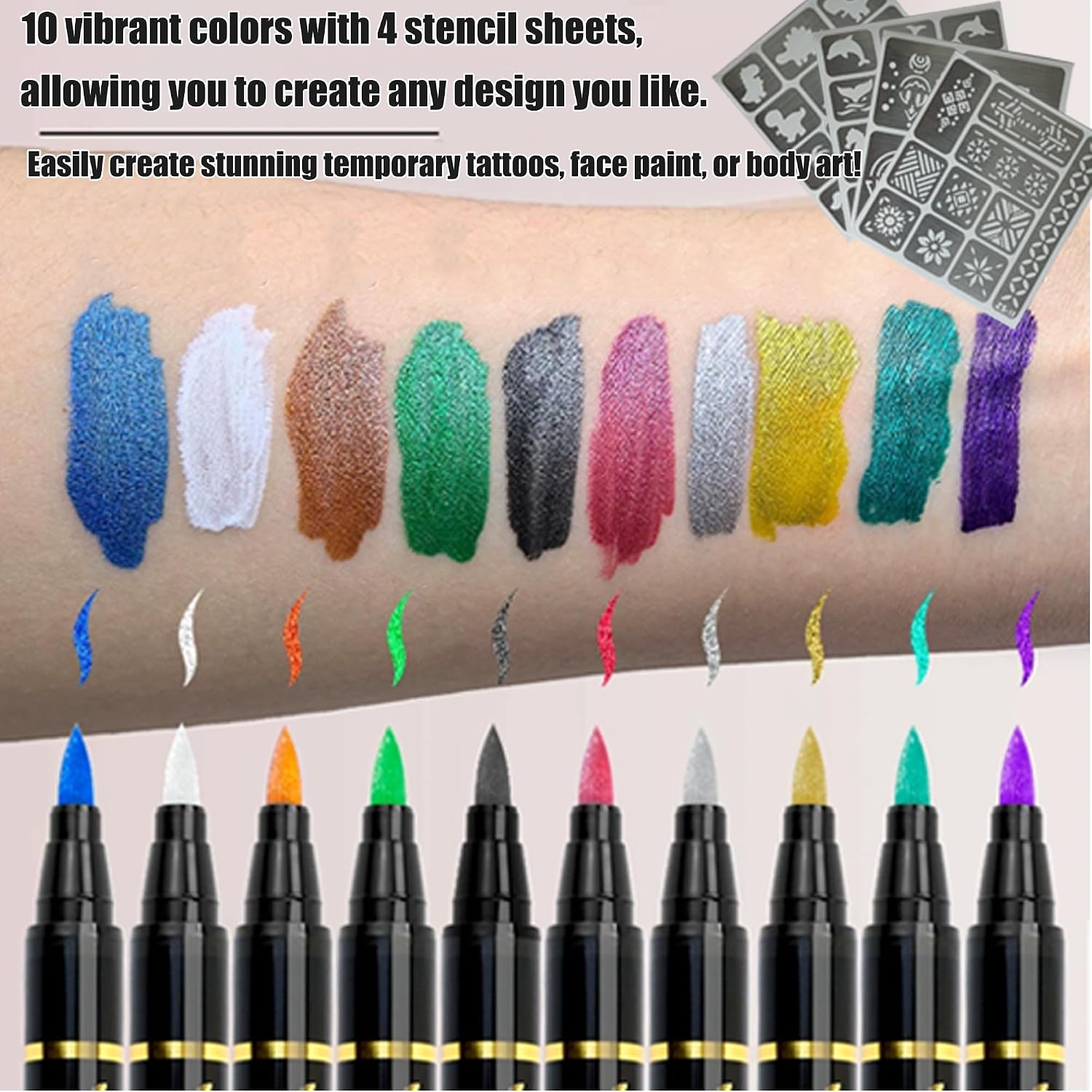 10 Colors Metallic Body Paint Markers , Temporary Tattoo Markers With 4 Stencil Sheets, Waterproof Quick Dry Washable Skin Safe Face Paint Pens, For Halloween, Easter, Christmas & Festivals